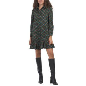 CYNTHIA ROWLEY Plaid Collared Flounce Hem Mini Shirt Dress
